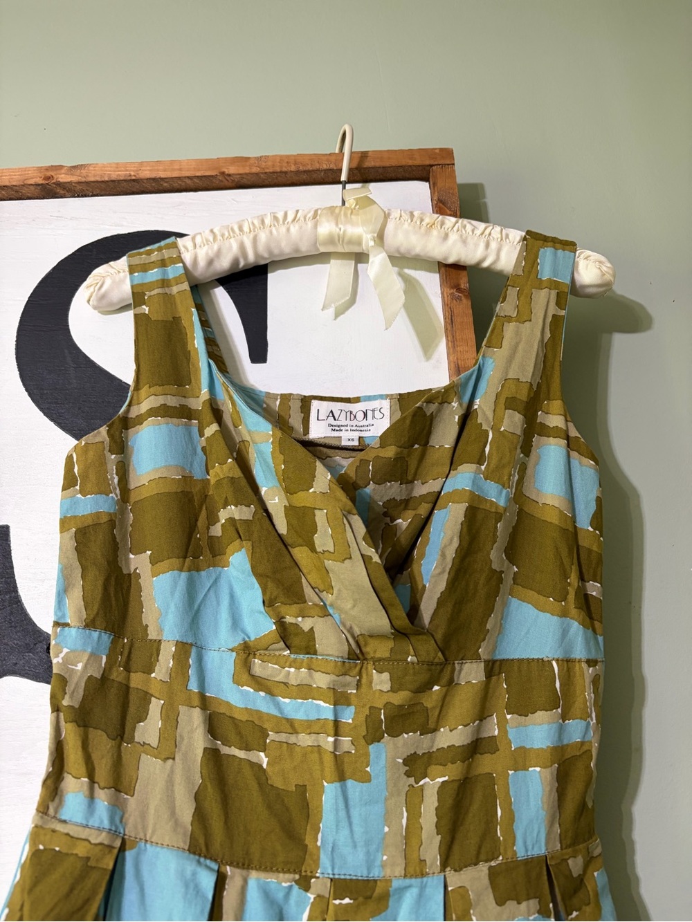 Anthro Lazy Bones Olive & Sky Blue Patterned Sleeveless Dress - Picture 4 of 6